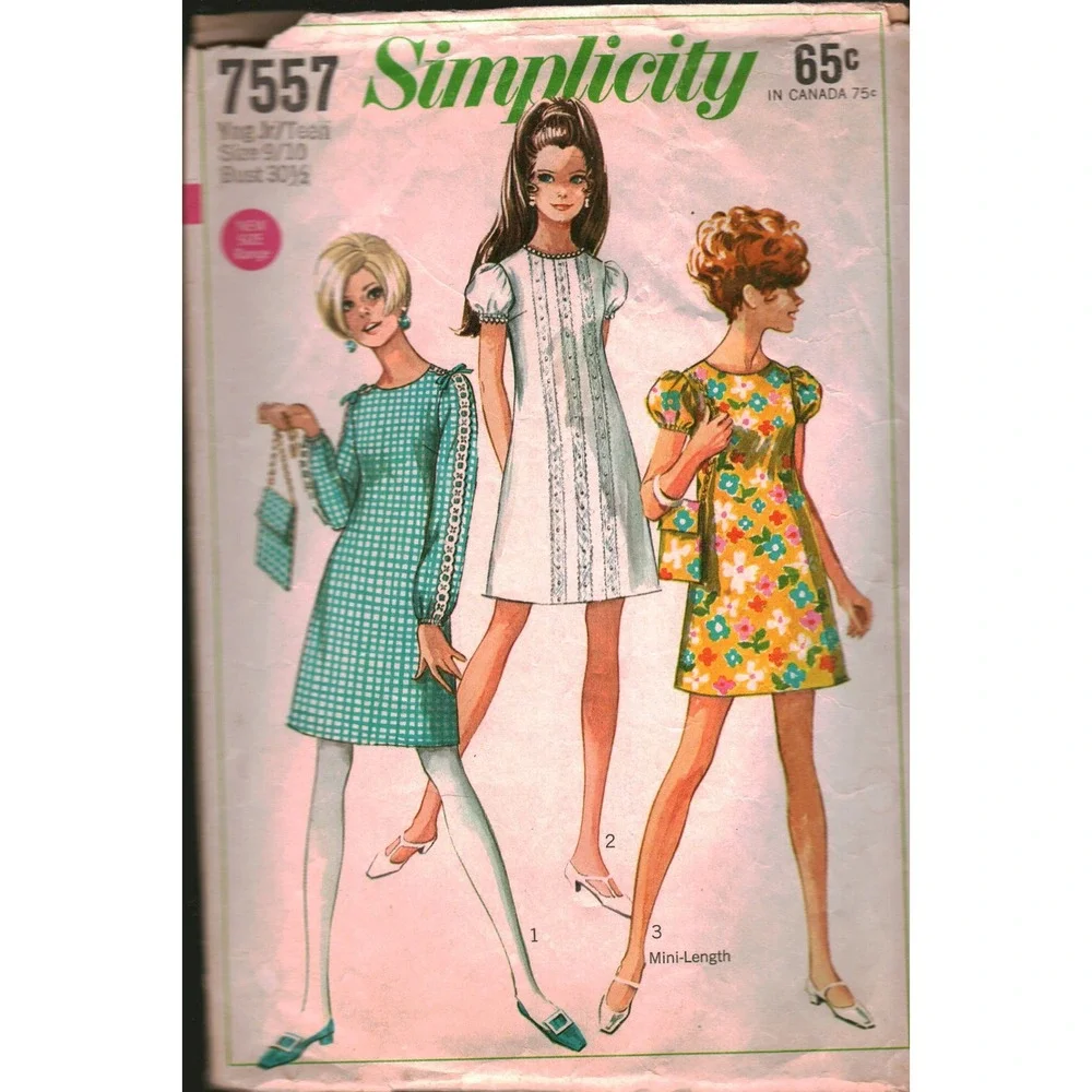Simplicity 7557 Vintage 1960s Mod A-Line Dress Bag Sewing Pattern Sz 9/10 B30.5
